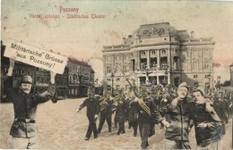 T3 ~1907 Pozsony, Pressburg, Bratislava; Városi Színház. Montázslap Katonai üdvözlettel / Städtisches Theater. Militäris - Non Classés