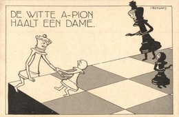 ** T2/T3 De Witte A-pion Haalt Een Dame / Dutch Chess Art Postcard, Humor. S: J. Rotgans (EK) - Zonder Classificatie
