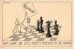 ** T4 Wit, Aan De Zet, Heeft Remise In De Hand  / Dutch Chess Art Postcard, Humor. S: J. Rotgans (apró Lyuk / Tiny Hole) - Zonder Classificatie