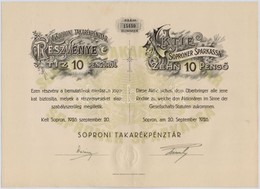 Sopron 1926. 'Soproni Takarékpénztár' Részvénye 10P-r?l, Magyar és Német Nyelv?, Szárazpecséttel (2x) Sorszámkövet? Pár  - Non Classés