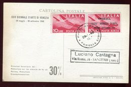 Italie - Surcharge " Venizia XXIV Biennale D 'Arte Maggio Settembre 1948 " Sur P..A Sur Carte En 1948 - Poste Aérienne