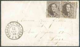 N°14B(2) - Médaillons 10 Centimes Bruns (x2) Obl. LP.244 Sur Petite Enveloppe De MERBES-le-CHATEAU Du 12 Oct. 1865 Vers - 1863-1864 Medaillen (13/16)
