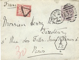 1896- Enveloppe De GRANTHAM ( Royaume Uni ) Pour Paris - Demande De Taxe Anglaise - TAXE 30 C Preoblatéreé Triangle - 1859-1959 Covers & Documents