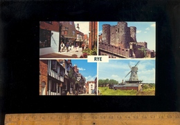 RYE Sussex : 4 Views Of The Town On The Same Postcard Lion & Mermaid Street Ypres Tower Castle White Windmill - Rye