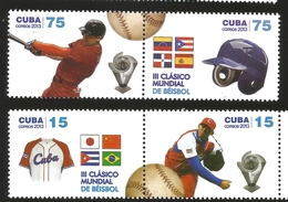 J) 2013 CUBA-CARIBE, SECOND CLASSIC OF BASEBALL, GLOVES, FLAGS, HELMET, BALL, PLAYER, TROPHY, 4 PAIRS, MNH - Cartas & Documentos