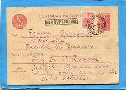 Marcophilie-URSS-Carte Entier P0stal 25 K Rouge +stamps 5-pour France--cad 1950b - Covers & Documents