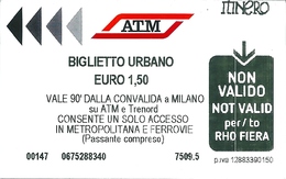 N.1  Biglietto  Usato   -  A T M   MILANO  -  Biglietto Urbano Valido 90 Minuti  -  € 1,50 -   Anno 2018. - Europe