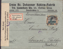 Saargebiet ERSTE ST. JOHANNER SCHIRM-FABRIK Registered Einschreiben Label SAARBRÜCKEN 1921 LÖRRACH-STETTEN (2 Scans) - Storia Postale