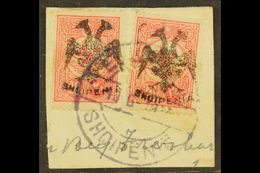 1913  20pa Rose-carmine Double Eagle Overprint Perf 12 (Michel 6x, SG 6), Two Examples Used On Piece Tied By Full "Elbas - Albanie