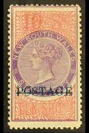 NEW SOUTH WALES  1885 10s Mauve And Claret Perf 12 X 11 With Blue "POSTAGE" Opt, SG 241c, Fine Mint. For More Images, Pl - Other & Unclassified