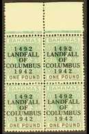 1942  Landing Of Columbus £1 Grey-green And Black, SG 175a, Upper Marginal Block Of Four Never Hinged Mint. For More Ima - Other & Unclassified