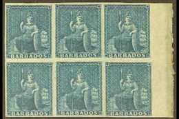 1852-55  (-) Slate-blue, SG 5a, Superb Never Hinged Mint Marginal BLOCK Of 6, All Stamps With Four Good To Jumbo Margins - Barbados (...-1966)