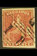 1858  6d Deep Rose Red Britannia, SG 11a, Very Fine Used With Good To Large Margins And Light Cancel. For More Images, P - Barbados (...-1966)