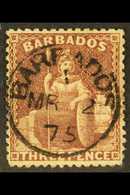 1873  3d Brown-purple, SG 63, Fine Used With Neat Central Cds Cancel. For More Images, Please Visit Http://www.sandafayr - Barbados (...-1966)