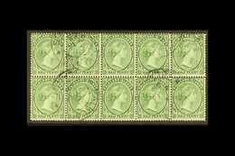 1891-1902  ½d Yellow-green, SG 17b, Fine Used BLOCK OF TEN (5 X 2). Scarce Multiple! For More Images, Please Visit Http: - Falkland Islands