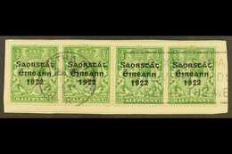 1923 HARRISON  ½d Green Coil Stamp, A Horizontal Strip Of Four With Two Showing Long "1", SG 67a, On A Piece Tied By Nea - Sonstige & Ohne Zuordnung