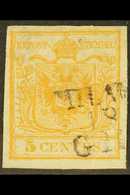 LOMBARDY VENETIA  1850 5c Yellow Ochre, With Wmk, Sass 1, Used During The 1st Month Of Issue With 3 Line Milano /18/Giug - Unclassified
