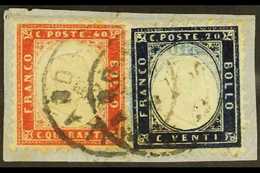1862  20c Indigo & 40c Deep Red (SG 2a & 3b, Sassone 2 & 3), Fine Used On Small Piece Tied By "Milano" Cds's, The 20c Wi - Unclassified