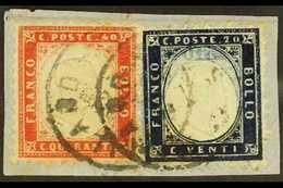 1862  20c Indigo & 40c Deep Red (SG 2a & 3b, Sassone 2 & 3), Fine Used On Small Piece Tied By "Milano" Cds's, The 20c Wi - Non Classés