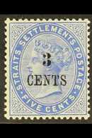 1885  3c On 5c Blue, SG 82, Very Fine Mint. For More Images, Please Visit Http://www.sandafayre.com/itemdetails.aspx?s=6 - Straits Settlements