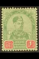 JOHORE  1891-94 $1 Green And Carmine, SG 27, Fine Mint. For More Images, Please Visit Http://www.sandafayre.com/itemdeta - Other & Unclassified