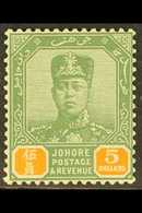 JOHORE  1922 $5 Green And Orange, SG 124, Fine Mint. For More Images, Please Visit Http://www.sandafayre.com/itemdetails - Autres & Non Classés