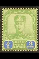 JOHORE  1925 $3 Green And Blue, SG 122, Fine Mint. For More Images, Please Visit Http://www.sandafayre.com/itemdetails.a - Other & Unclassified