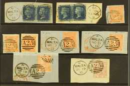1859-84 GREAT BRITAIN USED IN.  A Selection Of Fine Used Stamps ON PIECES Tied By "A25" Malta Duplex Cancels, Includes 1 - Malta (...-1964)