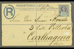 1887 INTACT REGISTERED COVER.  1887 (26 Jan) 2d Registered Stationery Envelope From London, England To Carthagena, Uprat - Other & Unclassified