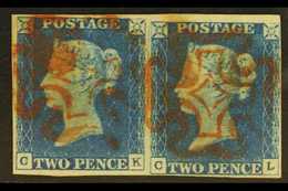 1840  2d Pale Blue PAIR 'CK - CL' Plate 1, SG 6, Used With 4 Margins & Red MC Cancellations. For More Images, Please Vis - Autres & Non Classés