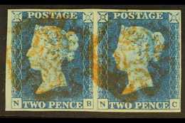 1840  2d Pale Blue PAIR 'NB - NC' Plate 1, SG 6, Used With 4 Margins & Red MC Cancellations. For More Images, Please Vis - Other & Unclassified