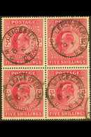 1902-10  5s Deep Bright Carmine, SG 264, Used BLOCK OF FOUR Each Stamp Cancelled By Very Fine Leicester Square Of 2 Nov  - Zonder Classificatie