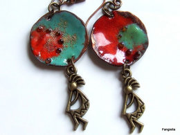 Boucles D'oreilles Artisanales, émaux Sur Cuivre, Danseur, Musicien, Kokopelli, Turquoise, Rouge, Bronze, Artisanat Fran - Boucles D'oreilles