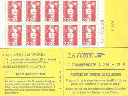 CARNET 2629-C 1 Marianne De Briat "RESERVEZ VOS TIMBRES DE COLLECTION" Daté 1.10.90 Parfait état Bas Prix TRES RARE - Modernes : 1959-...