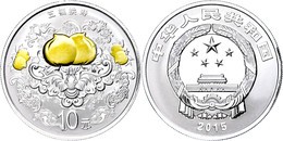 349 10 Yuan 2015, Auspicious Culture - Glückssymbole: Fledermaus Und Pfirsiche, 1 Unze Silber, Teilvergoldet, Etui Mit O - China