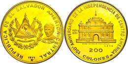 367 200 Colones, Gold, 1971, 150 Jahre Unabhängigkeit, Panchimalco Kirche, Fb. 6, Eingepunzte Nummer 1216, Fingerabdrück - Other - America
