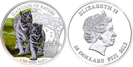 373 10 Dollars, 2012, Weißer Tiger, 1 Unze Silber, Coloriert, Etui Mit OVP Und Zertifikat. Auflage Nur 1.000 Stück, PP   - Fidschi