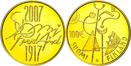 382 100 Euro, Gold, 2007, 100 Jahre Unabhängigkeit, KM 137, In Kapsel, PP.  PP - Finland