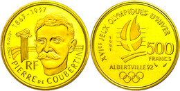 388 500 Francs, Gold, 1991, Pierre De Coubertin, Fb. 621, Mit Zertifikat In Ausgabeschatulle, PP.  PP - Sonstige & Ohne Zuordnung