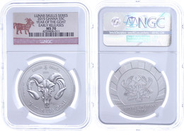 434 5 Cedis, 2015, Lunar Skulls Series-Year Of The Goat, In Slab Der NGC Mit Der Bewertung MS70, Early Releases. - Ghana