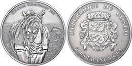 519 2.000 Francs, 2013, Africa - Nashorn, 3 Unzen Silber, Antik Finish, In Kapsel Mit Zertifikat, St. Auflage Nur 500 St - Congo (Democratic Republic 1964-70)