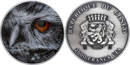 521 2.000 Francs, 2014, Natures Eyes - Uhu Buba Buba,  2 Unzen Silber, Antik Finish, Etui Mit OVP Und Zertifikat, St. Au - Congo (Rép. Démocratique, 1964-70)