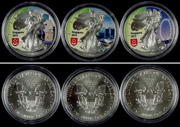 772 Set Zu 3x 1 Dollar, 2015, Silver Eagle - Singapur, Je 1 Unze Silber, Coloriert, Nur In Kapsel, St  St - Sonstige & Ohne Zuordnung