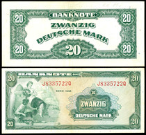 1389 Alliierte Besatzungs-Bank Deutscher Länder, Westzonen 1948/1949, 20 Deutsche Mark, 1948, KN 7-stellig Rot, Knickspu - Autres & Non Classés