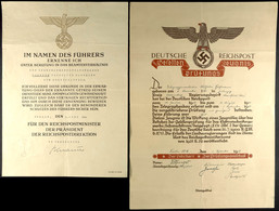 1528 Ernennungsurkunde Eines Telegraphenbauhandwerkers Zum Postschaffner, Datiert Berlin Den 1. Juni 1944, Mit Großem Re - Dokumente