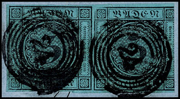 1659 3 Kr Schwarz Auf Blau, Waagerechtes Paar Auf Briefstück Mit Zwei Mal 5-Ring-Stempel "24", Die Linke Marke Allseits  - Other & Unclassified