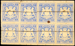 1691 7 Kr. Mattultramarin, Wz. 1a (enge Rauten), Zwei (teils Angetrennte) Viererblöcke Auf Briefstück Mit Fiskalischer E - Other & Unclassified