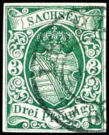 1899 3 Pfg Dunkelgrün, Erste Auflagen, Tadellos Gestempelt K2 "LEIPZIG", Allseits Vollrandig, Kabinett, Fotobefund Rismo - Autres & Non Classés