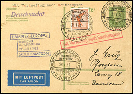 3182 1931, D. Europa 27.7., Ganzsachen Mit Zufrankatur Dt. Seepostaufgabe Vom 31.7. Und Sonder-Cachet Nach Pforzheim, Ka - Other & Unclassified