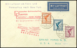 3189 1931, D. Europa 27.09., Brief Ab KÖLN 22.9. Mit Sonder-Cachet Und Nachbringe-Flugstempel, Adressiert In Die USA, Pr - Sonstige & Ohne Zuordnung